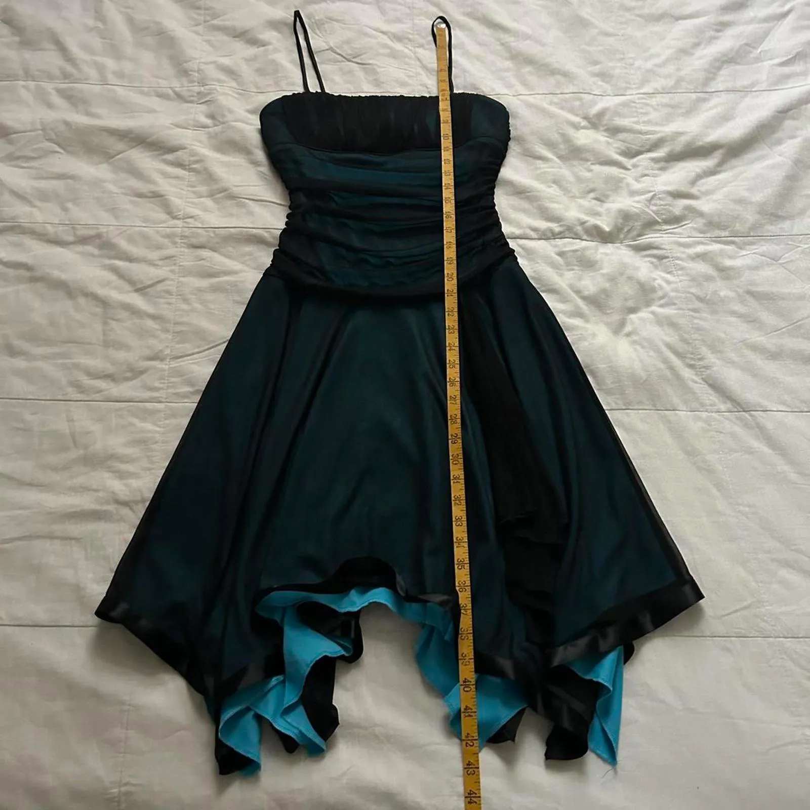 Y2K paper tag vintage City Triangles black mesh teal blue handkerchief hem dress - Image 8