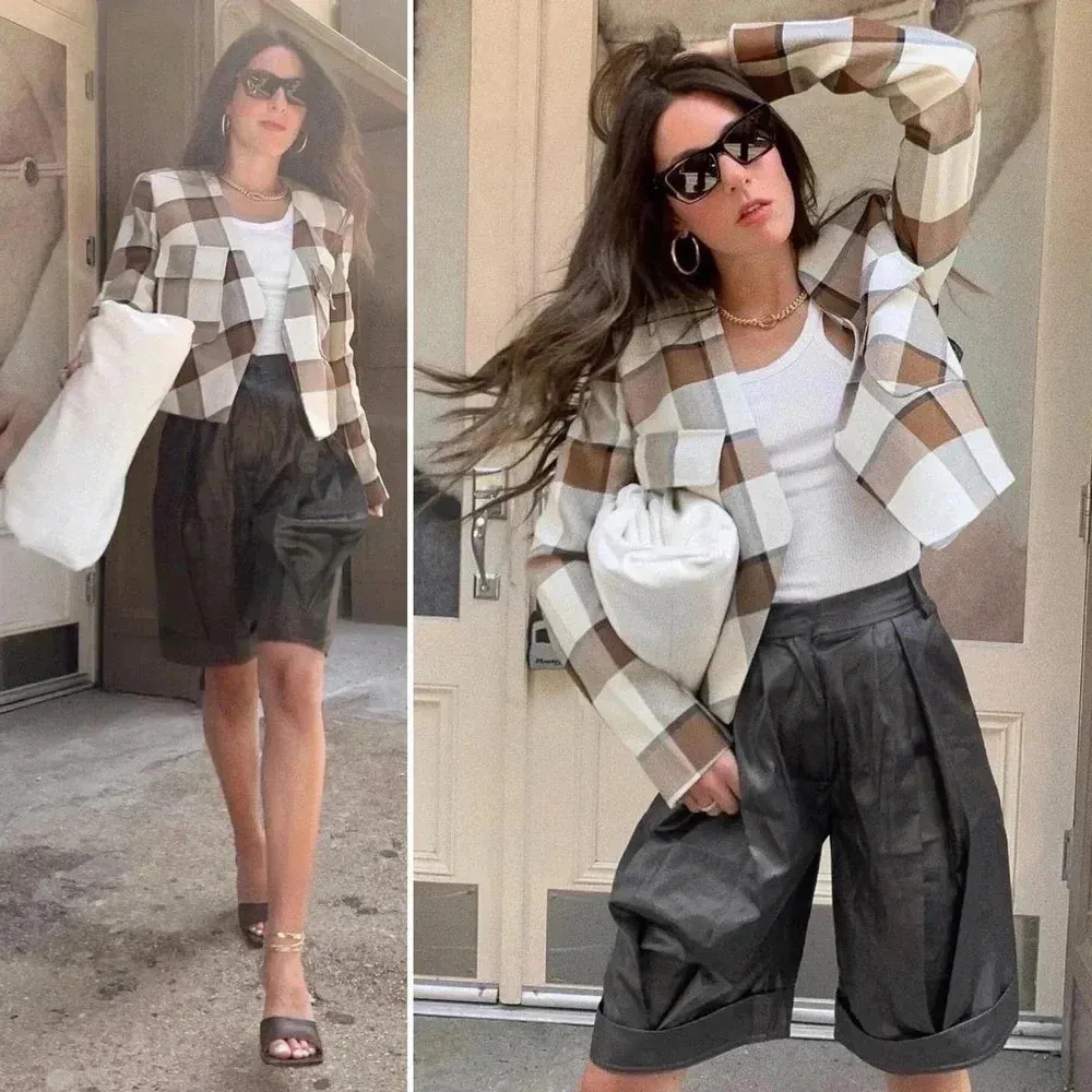 Tibi Dylan Plaid Cream Cropped Jacket Blazer in Ivory Camel Size 12 - Image 5