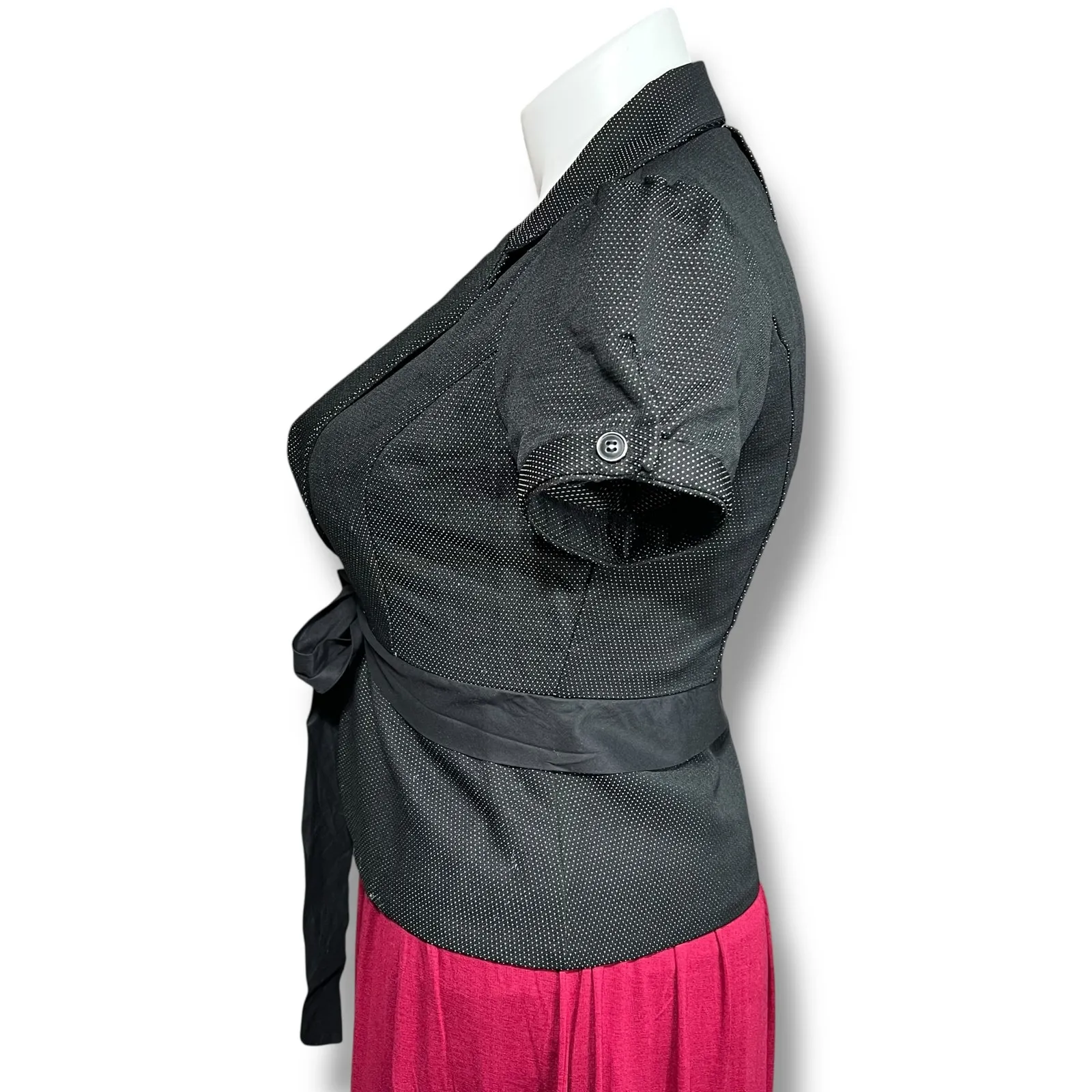 Y2K Stooshy Womens Blazer Suit Jacket Short Sleeve Tie Closure Polka Dot XL Black - Image 4