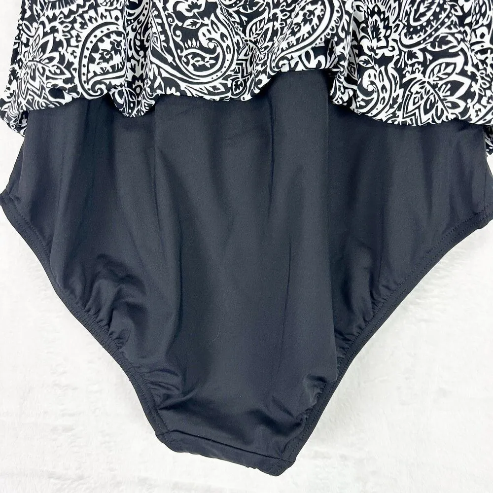 Lands End Blouson Fauxkini One Piece Swimsuit Size Medium NWOT Black Paisley - Image 9
