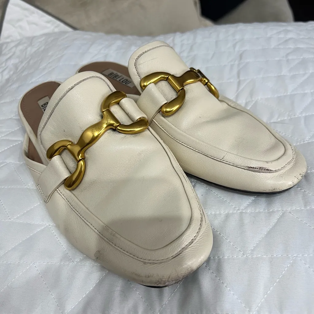 Bibi Lou Molly Backless Loafers Gold Metal Leather Anthropologie Cream Loafers Size 9 - Image 7