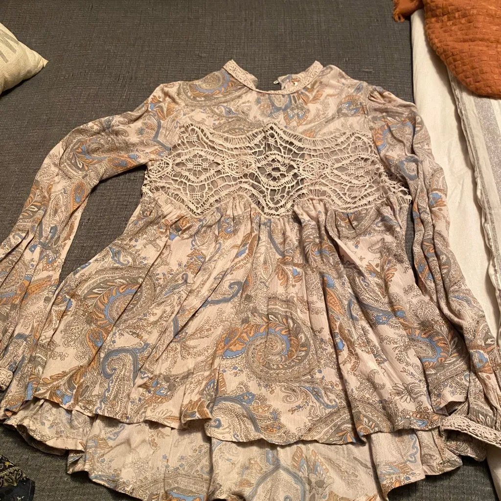 Free People Paisley Long Sleeve Top - Cream, Blue, Brown - Image 5