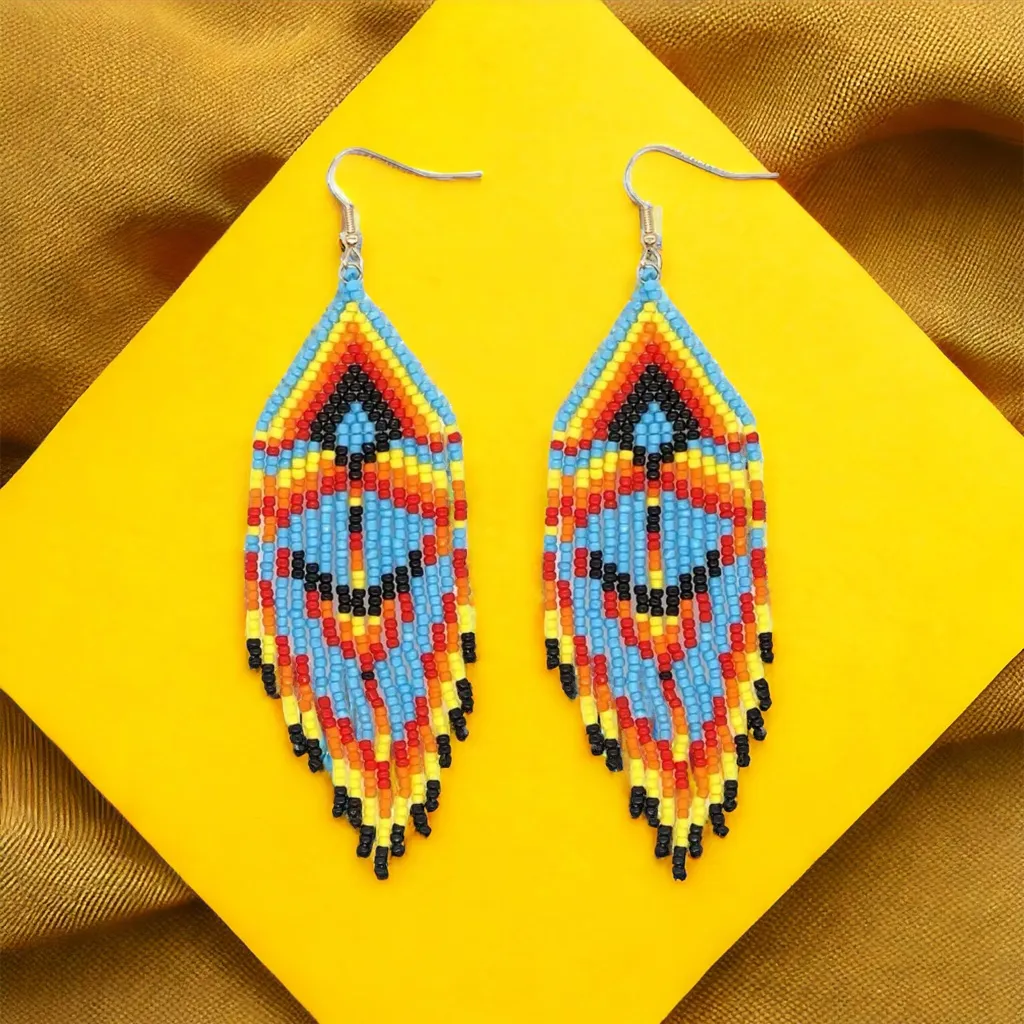 1 Pair Multicolor Bohemian Beaded Tassel Earrings Ethnic Tribal‎ Style Blue - Image 3