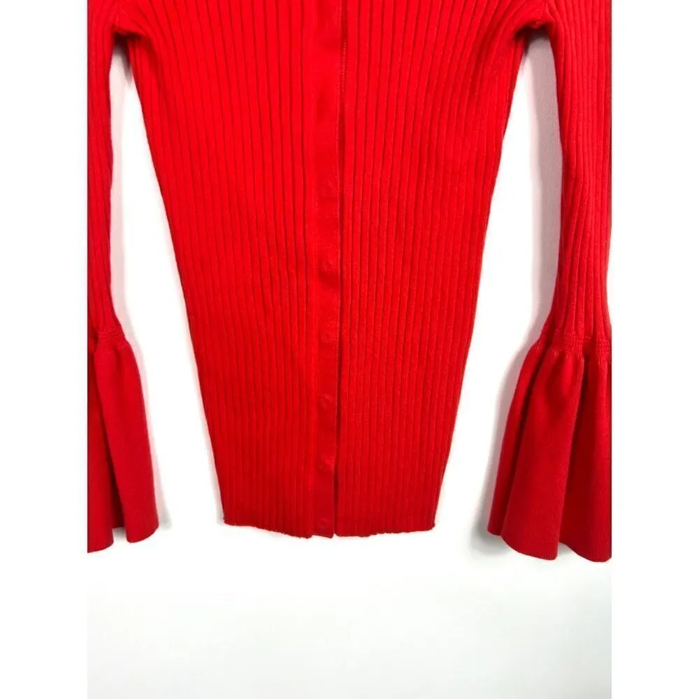 CAbi  red‎ ribbed button up sweater flared sleeves - Image 3