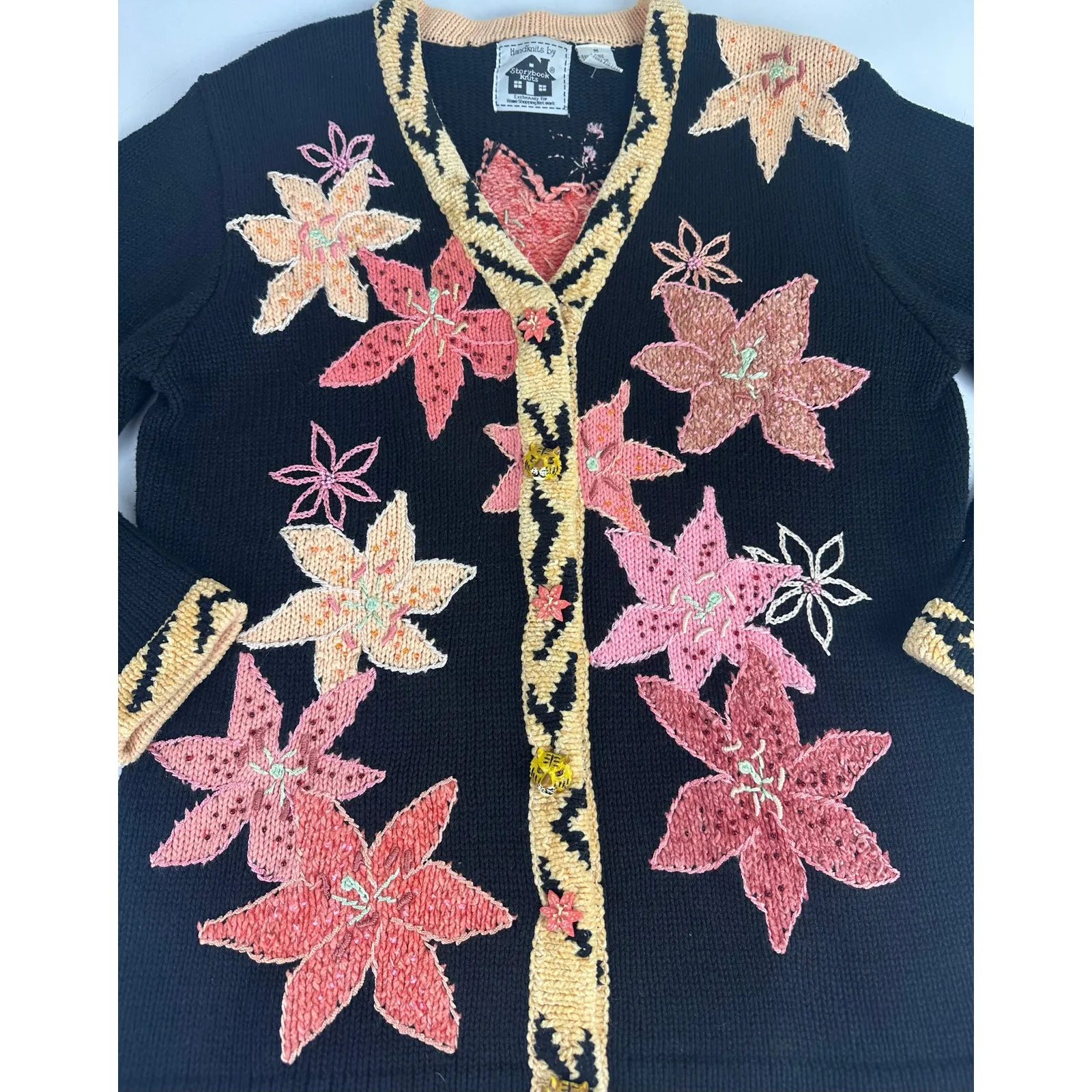 Storybook Knits Tiger Lily Size Medium Cardigan Sweater Cottage Granny Boho Black - Image 7
