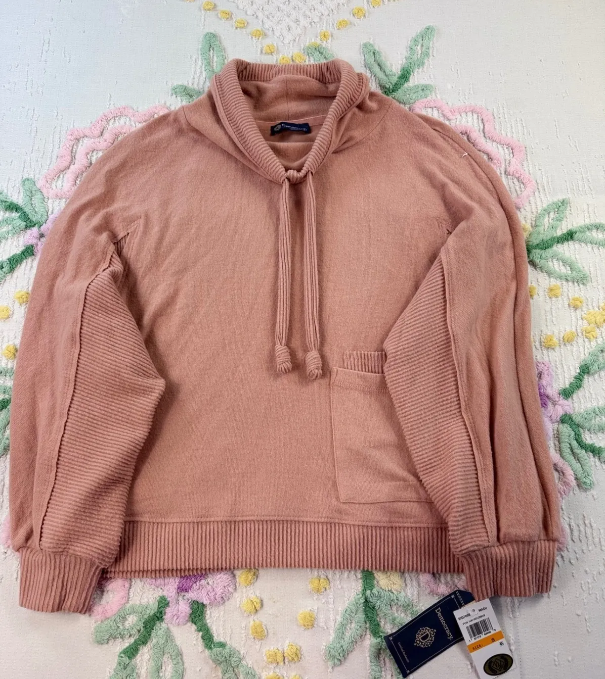 Democracy Pink Cowl Neck Ribbed Sleeve Kangaroo Pocket Pullover Sweater Size S - Image 1