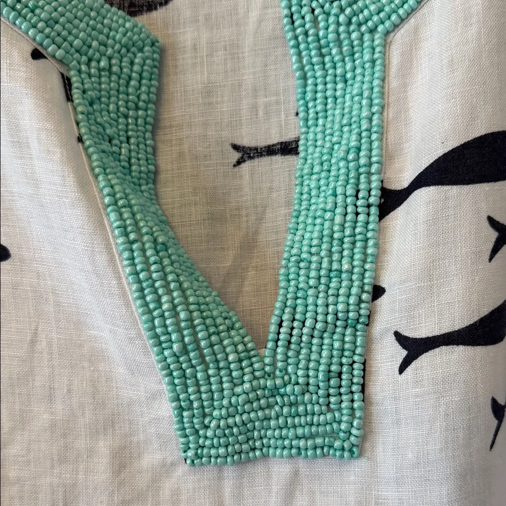 Talbots Linen Dress Womens XL White w/Navy Fish & Turquoise Beaded Neckline - Image 4