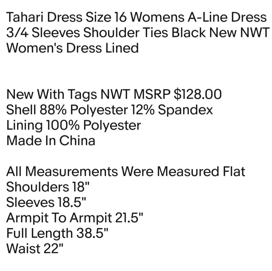Tahari Dress Size 16 Womens A-Line Dress 3/4 Sleeves Shoulder Ties Black New NWT - Image 2