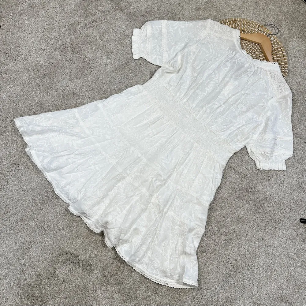 NWT Dear John Ellen Smocked Waist Mini Dress Pearled Ivory Garden Embroidered M - Image 8