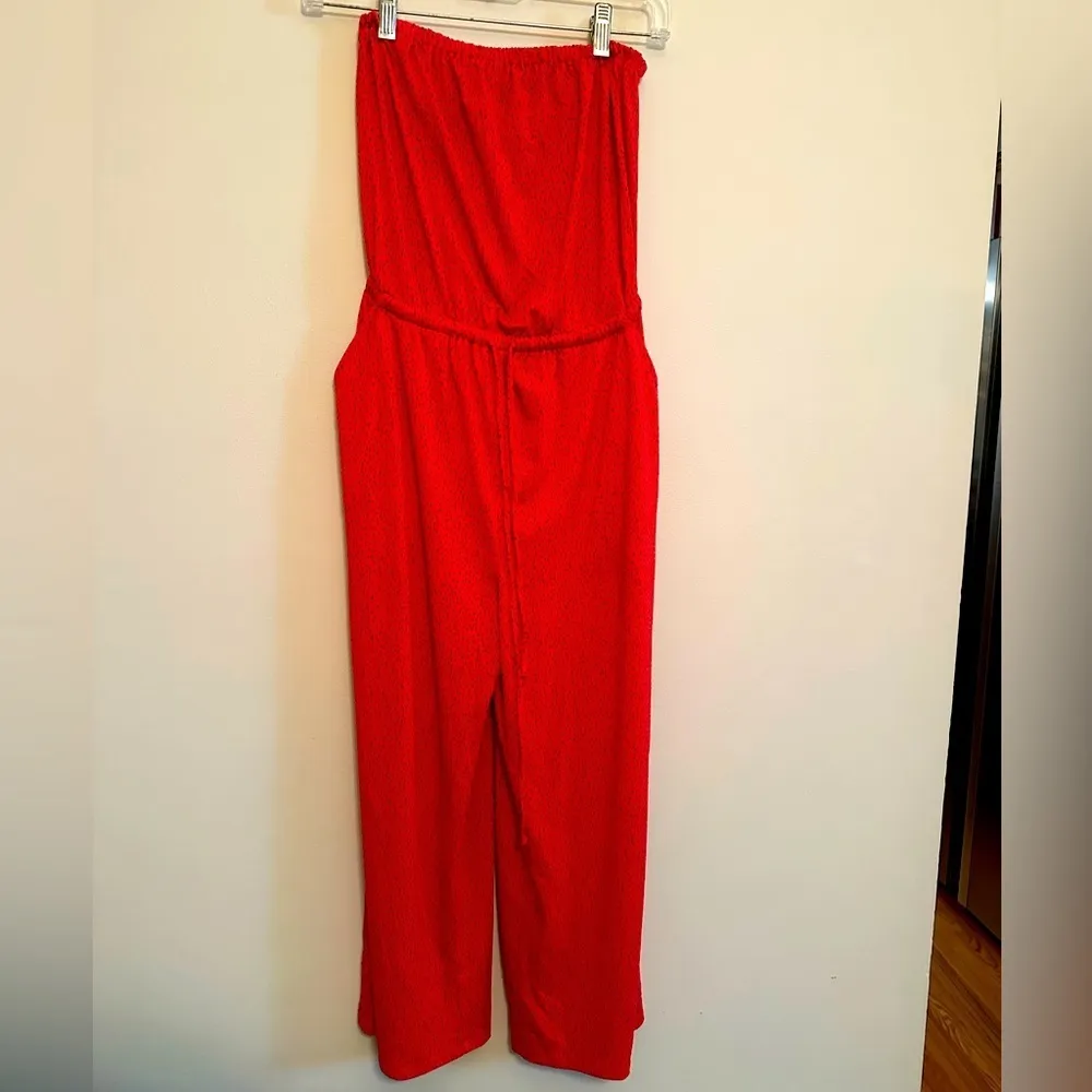 Express Dot Printed Strapless Cropped Capri Jumpsuit Sz XS Red Drawstring Waist - Image 3