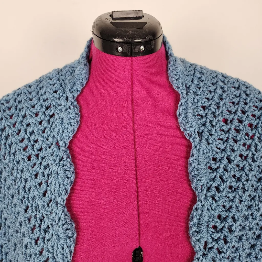 New Handmade Crochet Triangle Shawl Blue Pom Pom Wrap Boho Chic Ponch Size undefined - Image 11