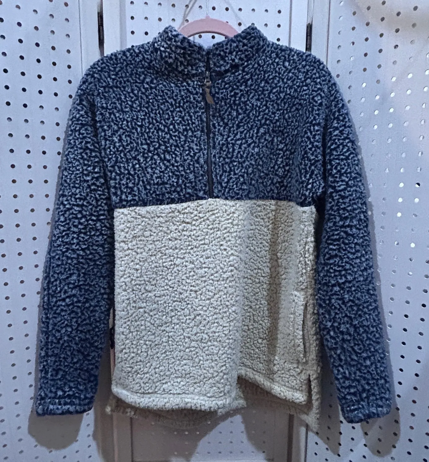 Time and Tru Sherpa Fleece Quarter Zip Pullover Blue Cream Color Block Size S - Image 1