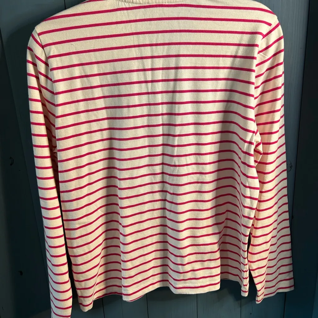 New J. Crew Women's Long Sleeve Pink & White Striped Tee w/Ruffle Collar | L - Image 5