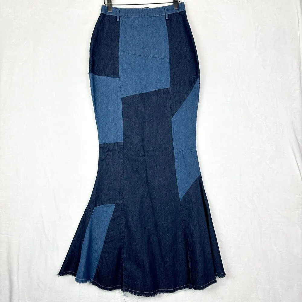 Touch Me Denim Patchwork Strapless Maxi Dress Size Small Stretch Y2K Western - Image 3