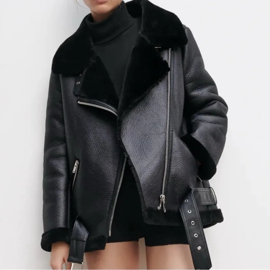 Copy Zara Double-Faced Jacket Oversized Black Faux Suede Blogger Fave Bomber L - Image 2