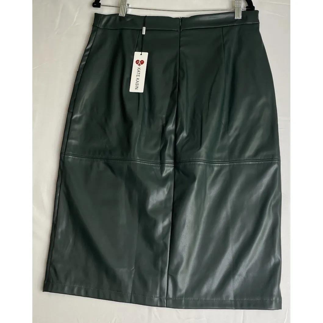 Kate Kasin Womens XL Green Faux Leather Midi Skirt Pockets Back Slit‎ Preppy NEW - Image 2