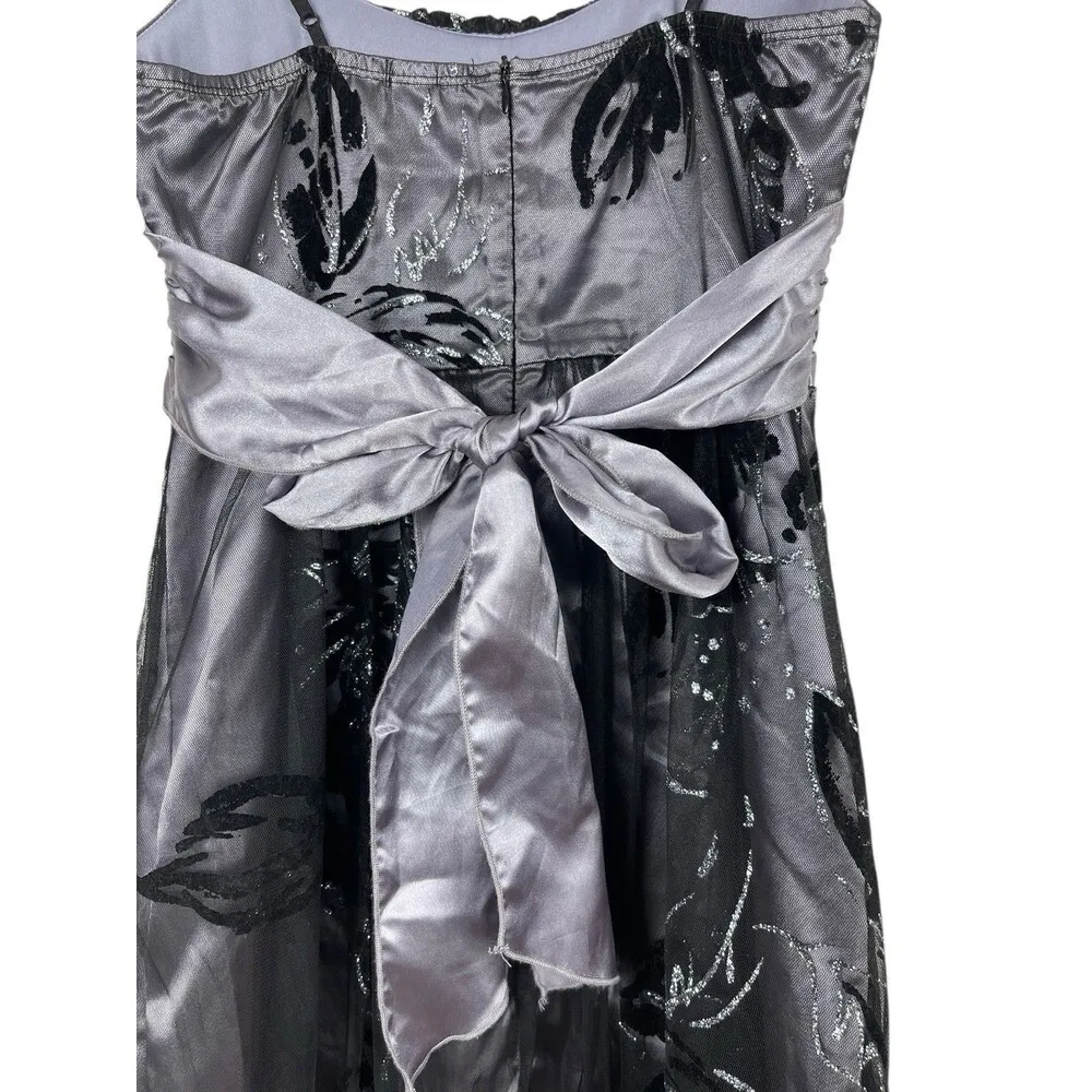 Y2K 2000s Black Floral Velvet Burnout Empire Waist Bubble Hem Hoco Dress Sz 3 - Image 4