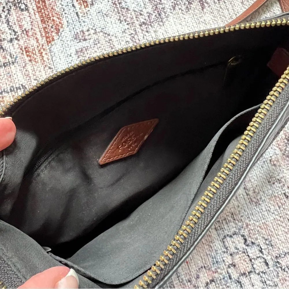 Fossil Fiona Crossbody Bag Coated Canvas Key Print Stripe Black White Brown - Image 5