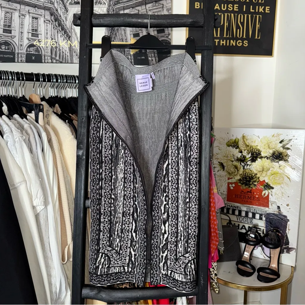 Hervé Léger Gunmetal Black Jacquard Bodycon Bandage Pencil Skirt - Image 6