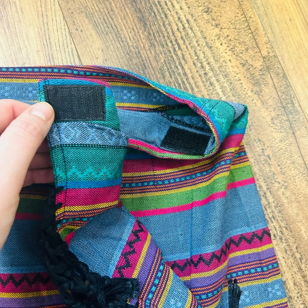 90s Vintage Boho Mini Skirt Aztec Striped Fringe Pleated Cotton Colorful Large Blue - Image 5