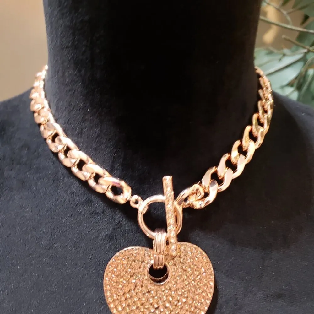 Women's Gold Tone Rhinestone Heart Pendant with Bold Chain Necklace w/ Earrings - Image 4