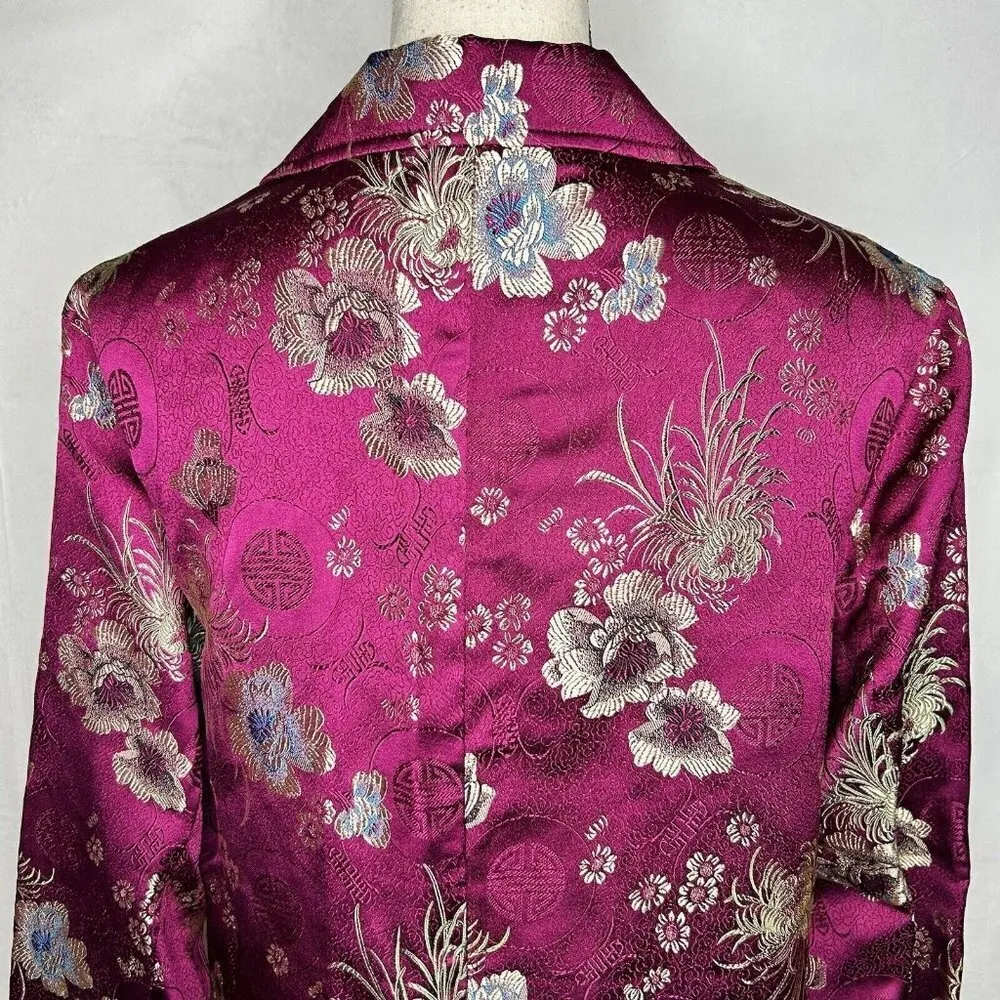 Chico's Art-to-Wear Asian Inspired Rayon Jacket Burgundy Gold Floral Sz 3 Large - Image 9