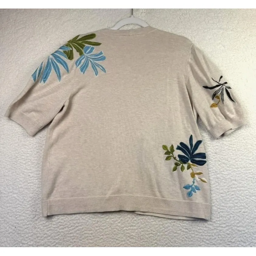 Chico's Cardigan Sweater Womens XL Beige Floral Embroidered Short Sleeve V-Neck - Image 2