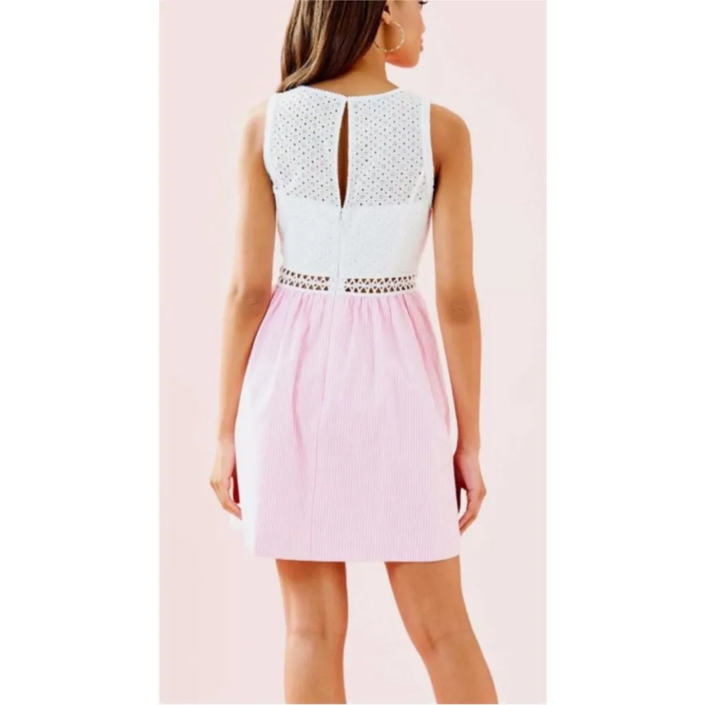 Lilly Pulitzer Alivia Dress Havana Pink White Seersucker Eyelet Women 8 Feminine - Image 3