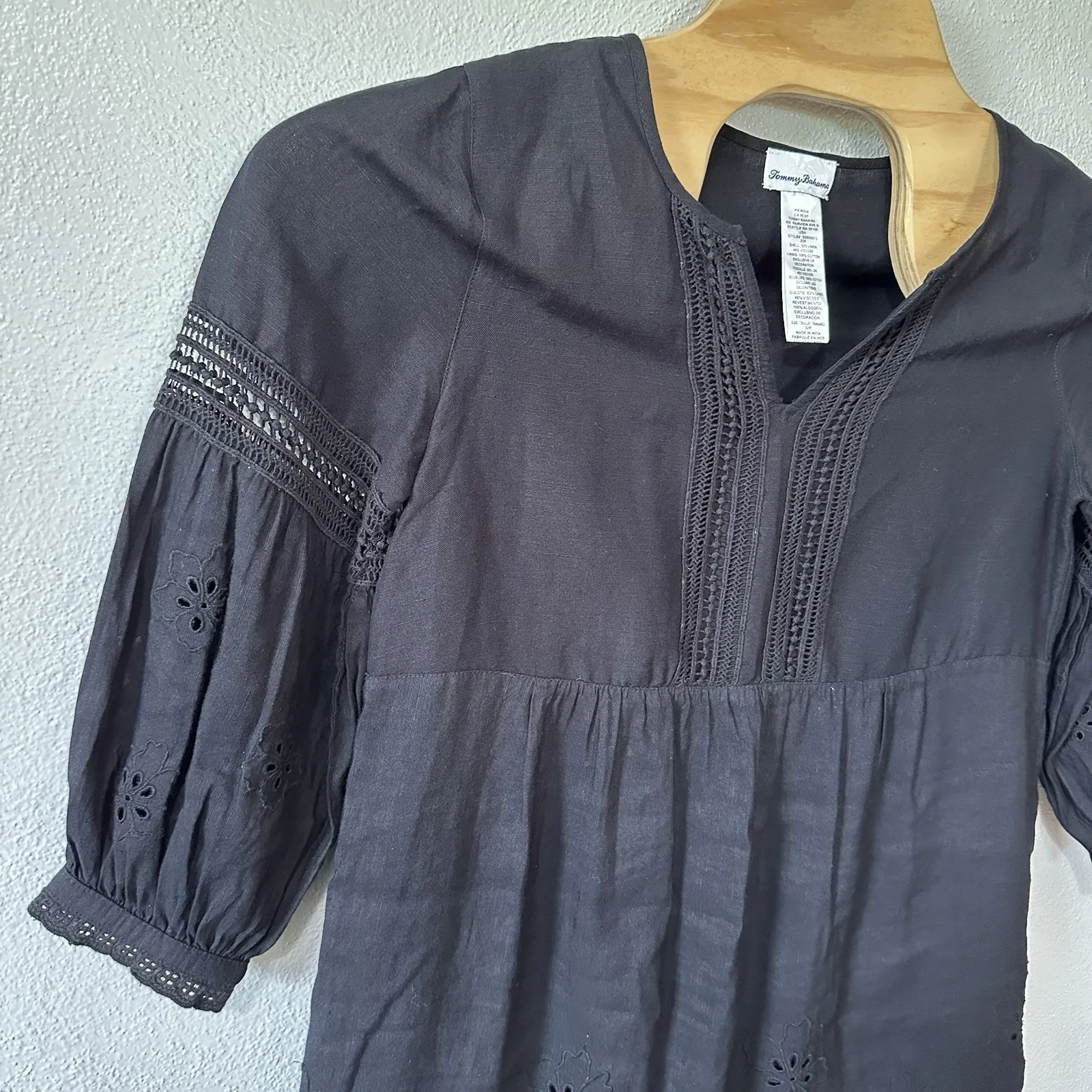 Tommy Bahama St Lucia Dress Small Black Split Neck Eyelet Linen‎ Blend Cover Up - Image 2