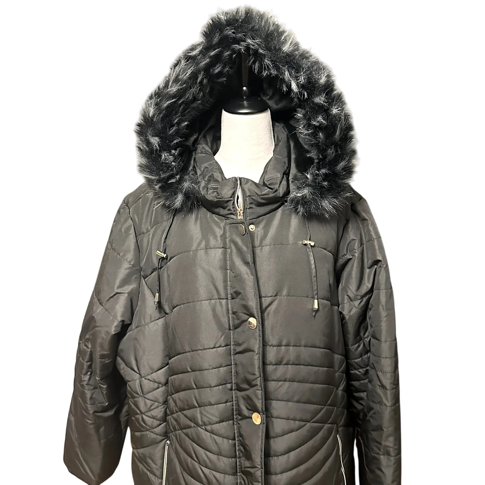 Avenue Puffer Jacket Quilted Design Faux Fur Trim Hooded Solid Black W 14/16 NWT - Image 3