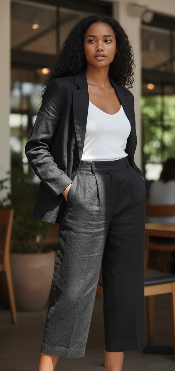 Romani Linen Blend Jacket Wide Leg Pants Set Women Size 11 Black Cocktail Party - Image 2