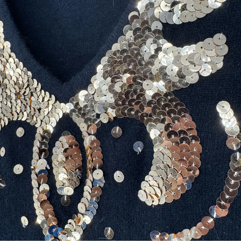 Outlander Petites Shiny Glam Gold Sequins Long Sleeve Soft Black Dress Lambswool Size undefined - Image 6