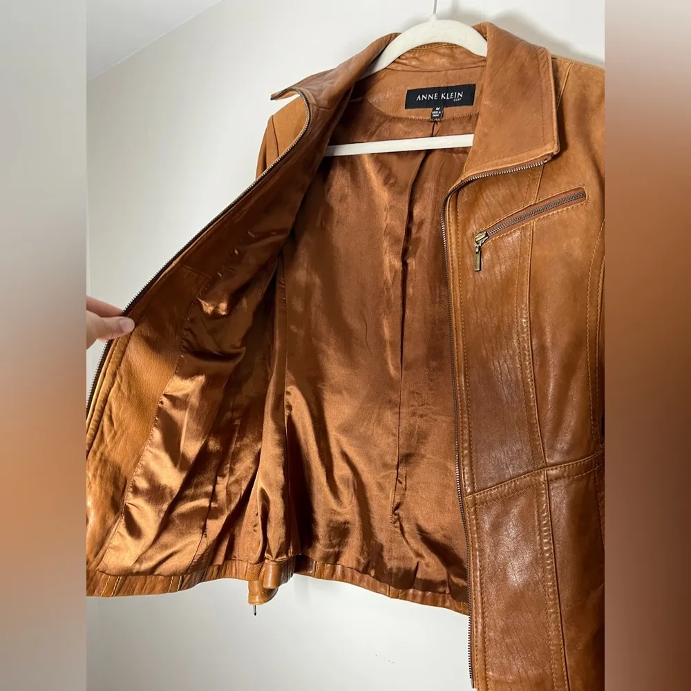 Vintage Anne Klein Longer Line Camel Faux Belted Leather Jacket Sz M - Image 6