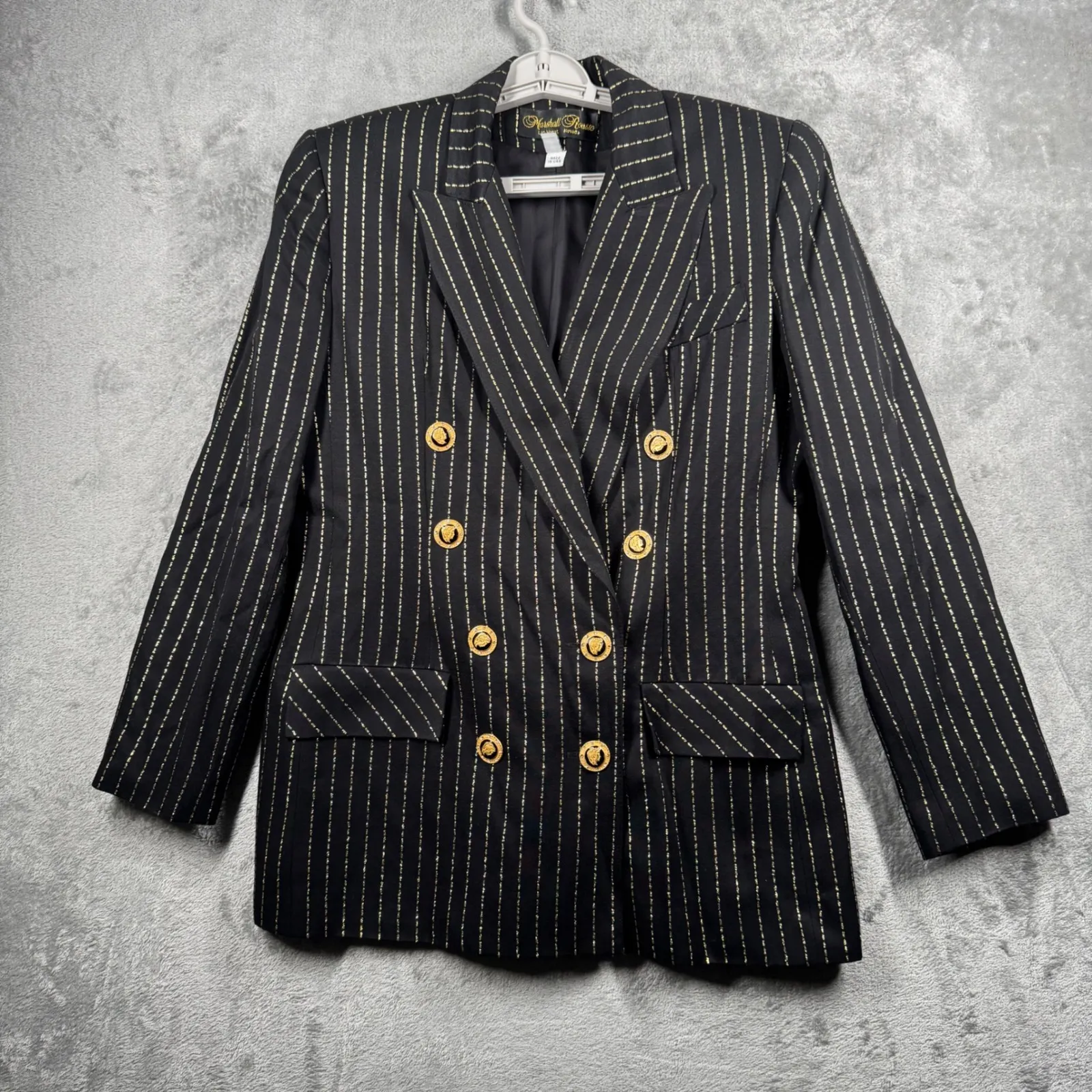 Marshall Rousso Blazer 8 Vintage 80s Gold Pinstripe Double Breasted Power Jacket Black - Image 2