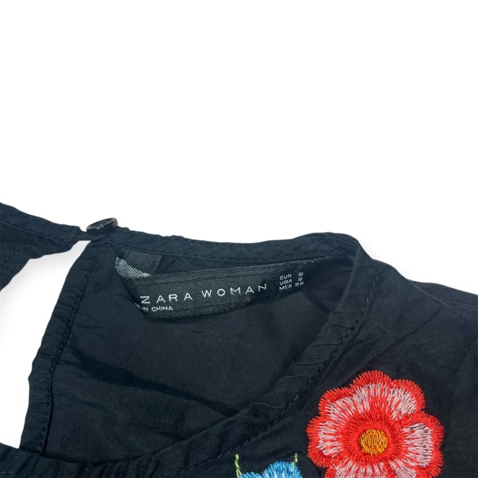 Zara Embroidered Bird & Floral Black Shift Dress Cottagecore Bohemian Sz Small - Image 6