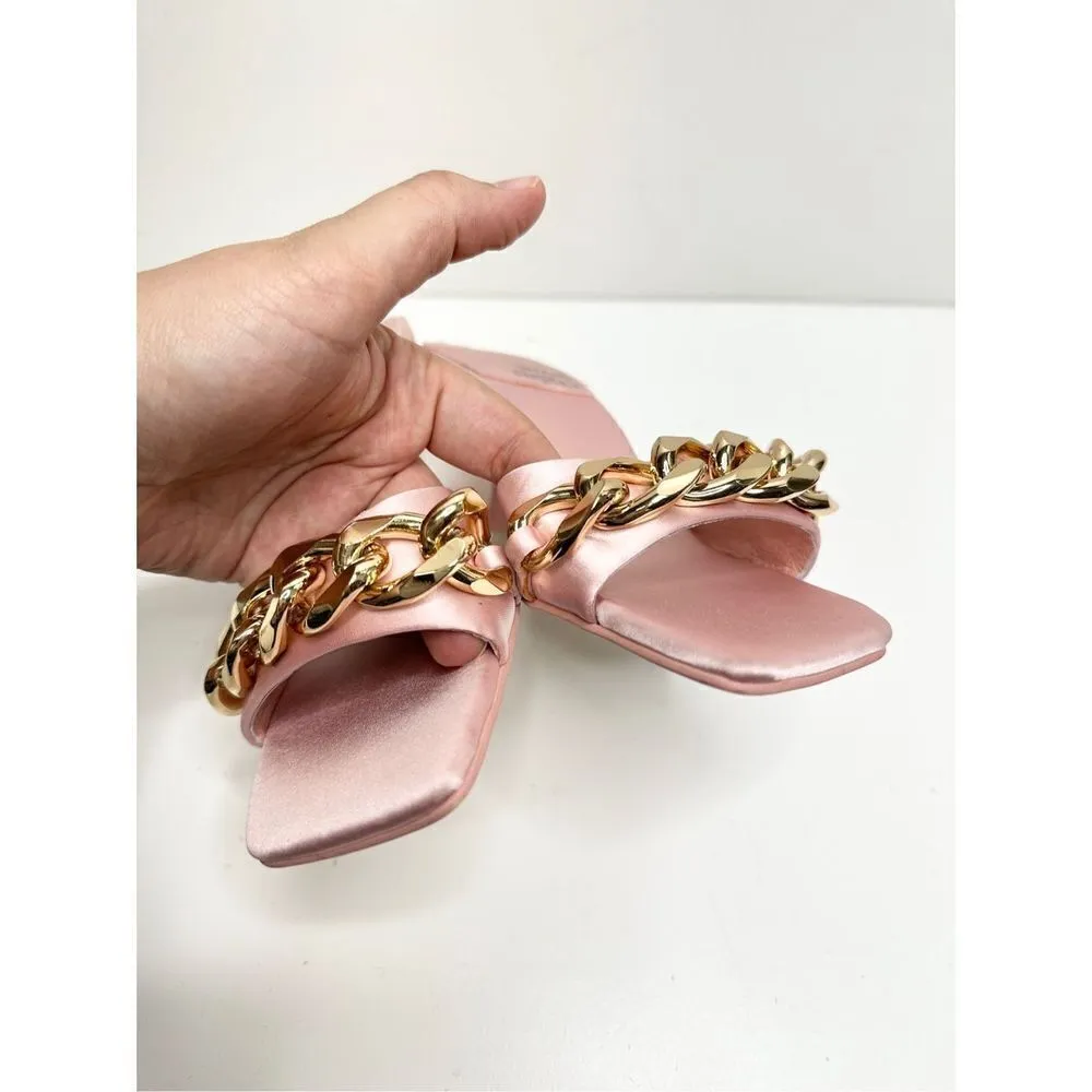 Jeffrey Campbell Sandals Womens Size 5 Pink Satin Chain Slip On Shoes Barbiecore - Image 7
