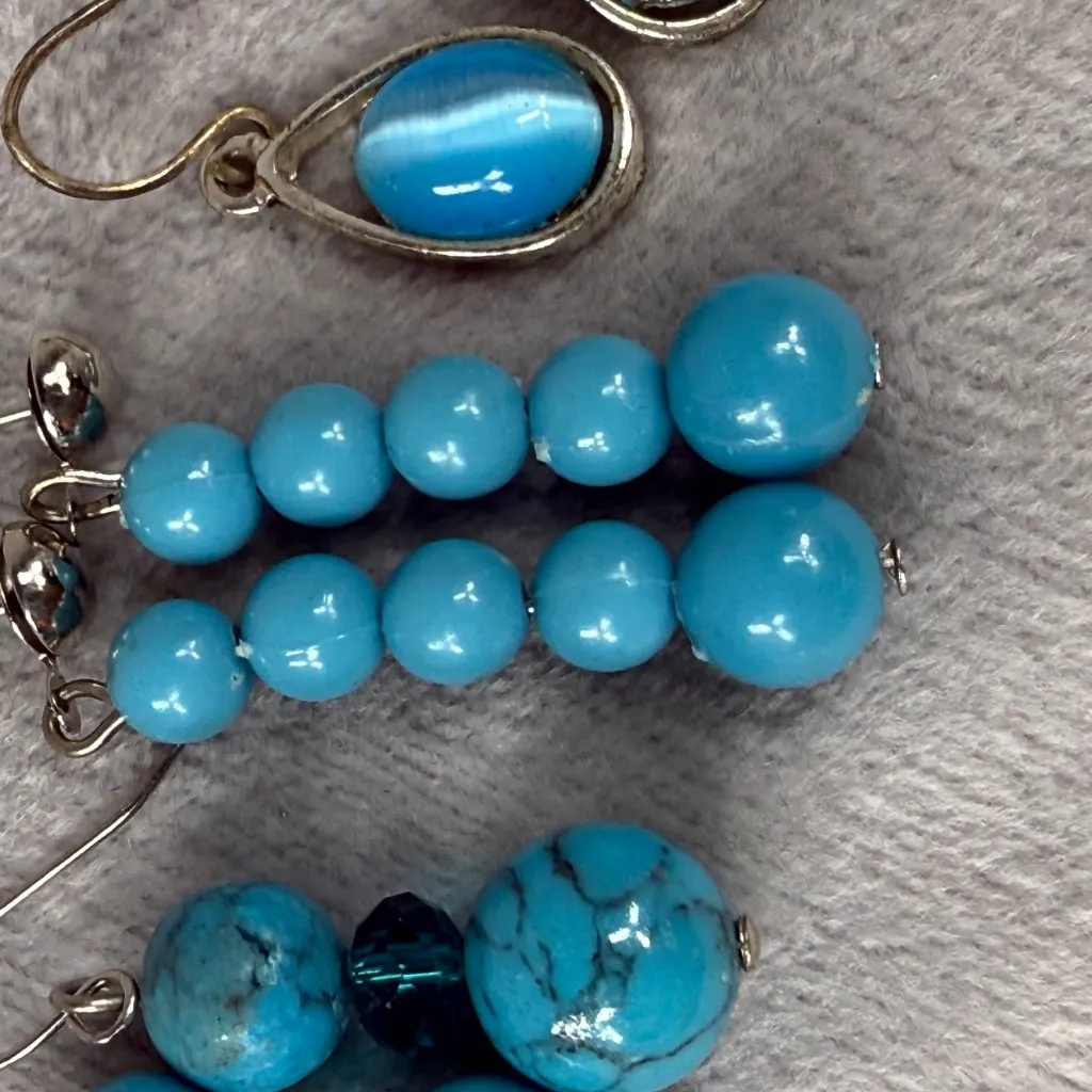 Set Of 3 Pairs Shades of Blue, Beaded & Teardrop Dangle Earrings Mixed Styles Blue - Image 16