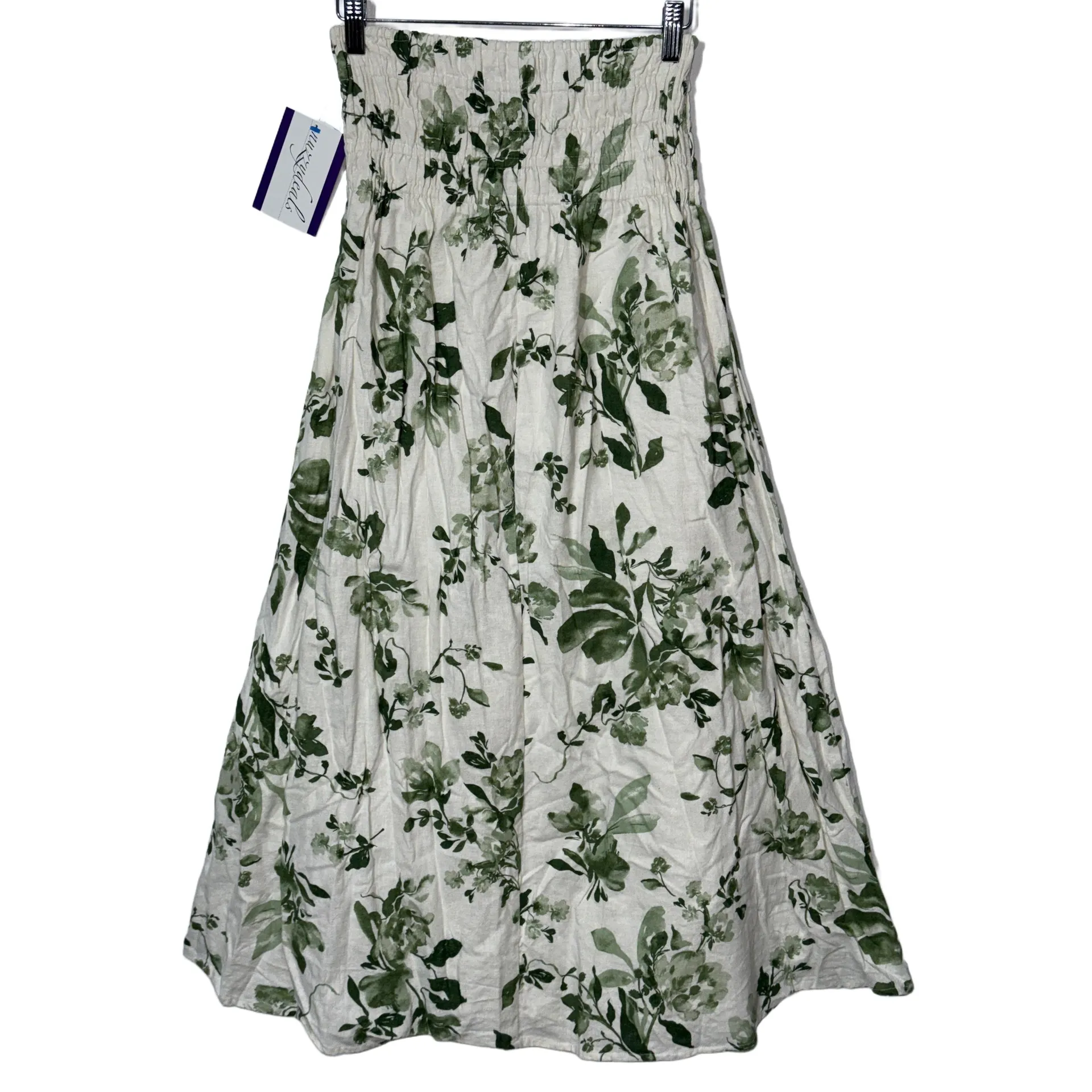 NEW Abercrombie & Fitch Off White Green Floral Linen Smocked Maxi Skirt Size S - Image 2