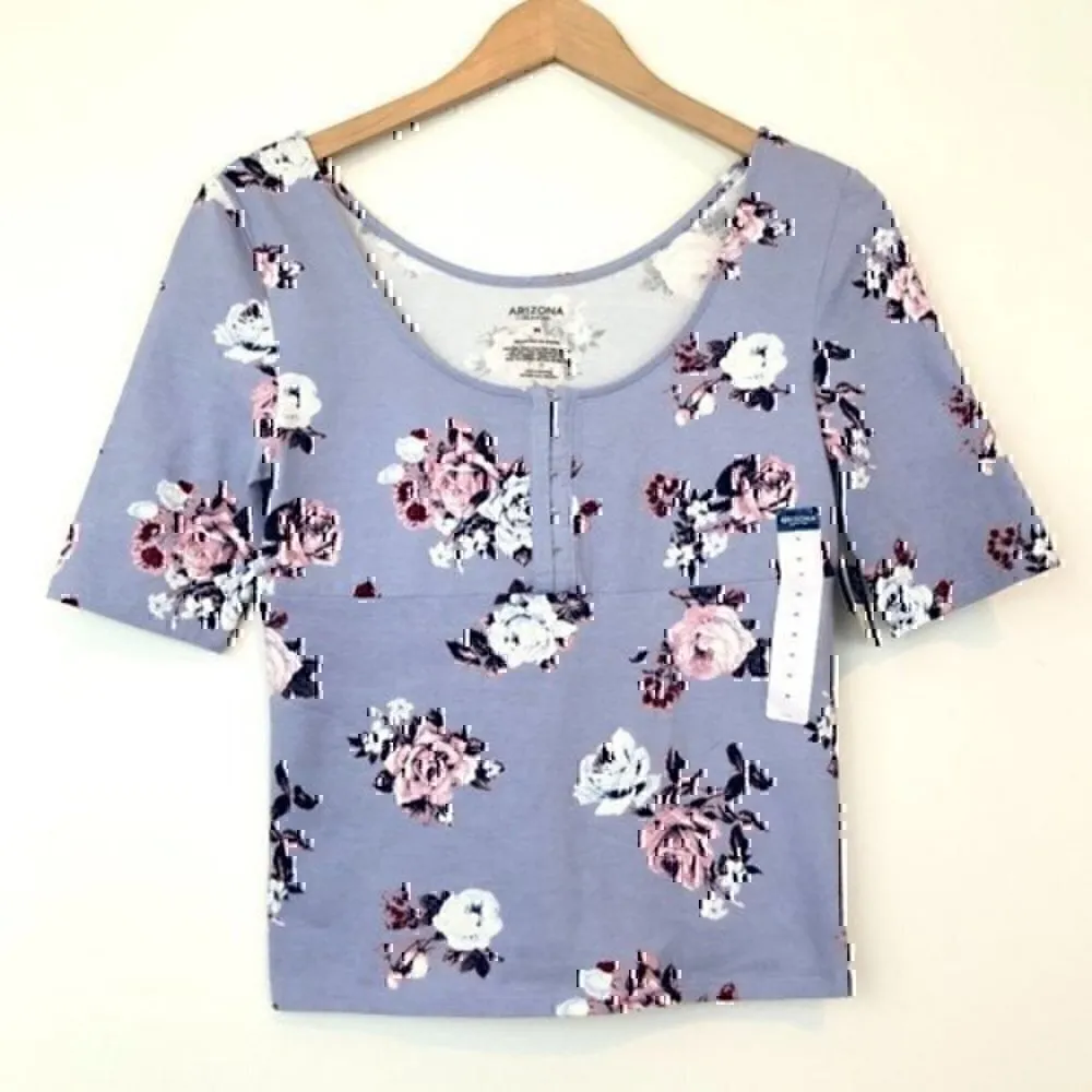 NEW ARIZONA JEAN CO Purple Pink White Floral Short Sleeve Y2K Cotton Top JUNIORS - Image 2