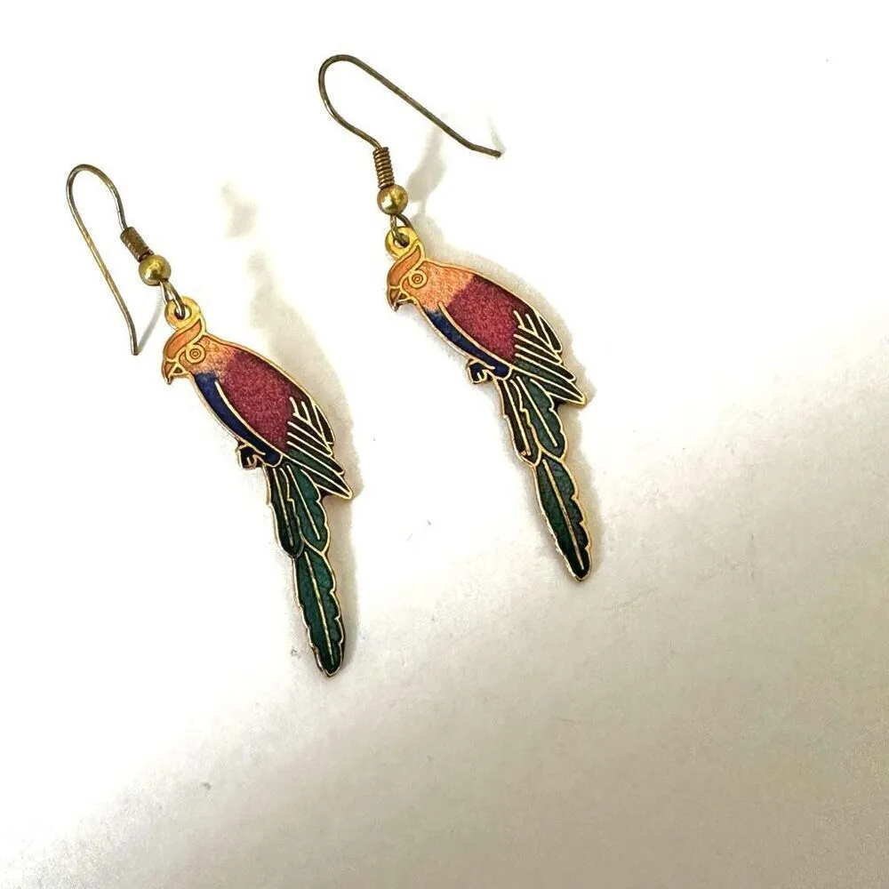 Vintage parrot cloisonné earrings Gold - Image 7