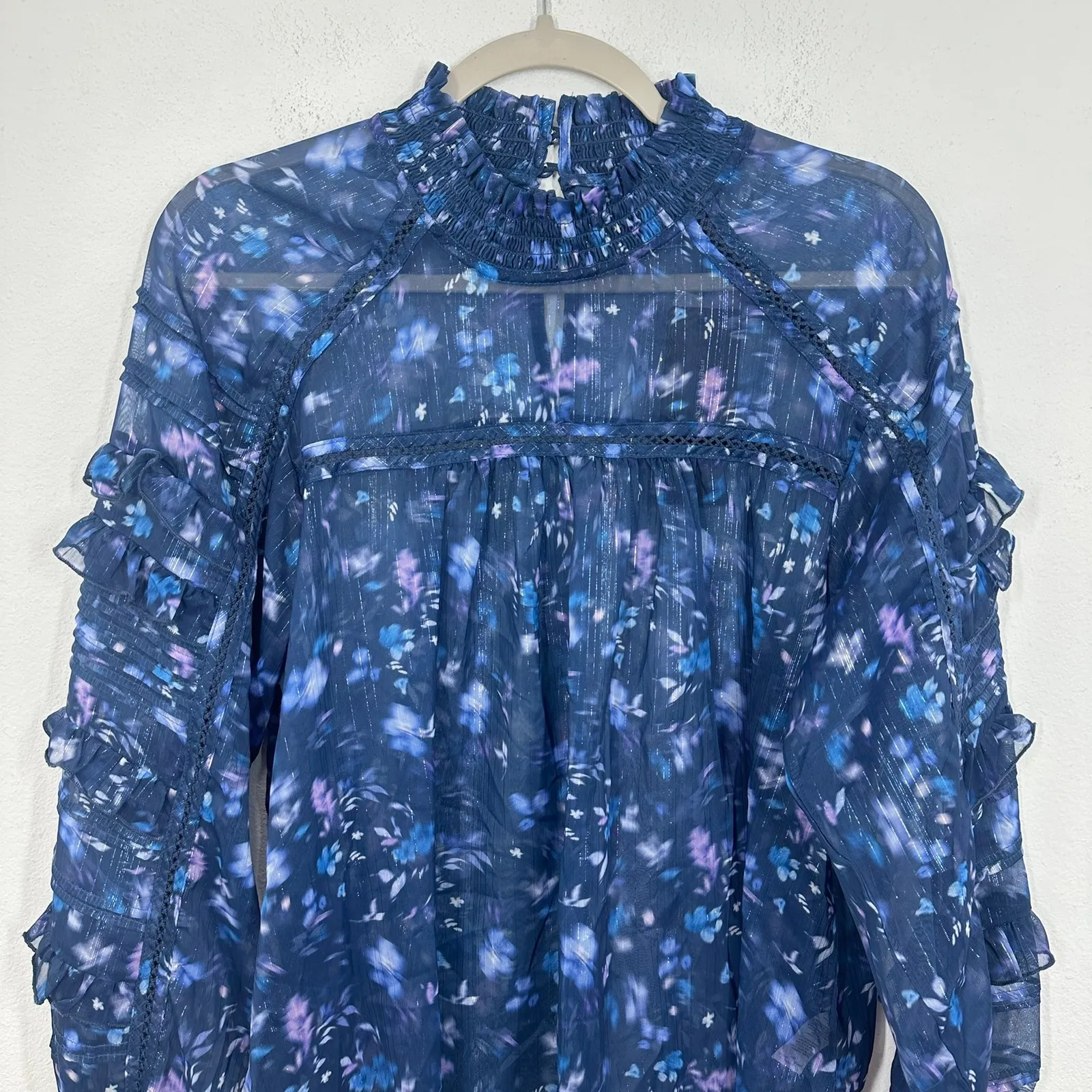 French Connection Anifrida Arica Ruffle Pleat-Sleeve Top Mock Neck Floral Sheer - Image 3