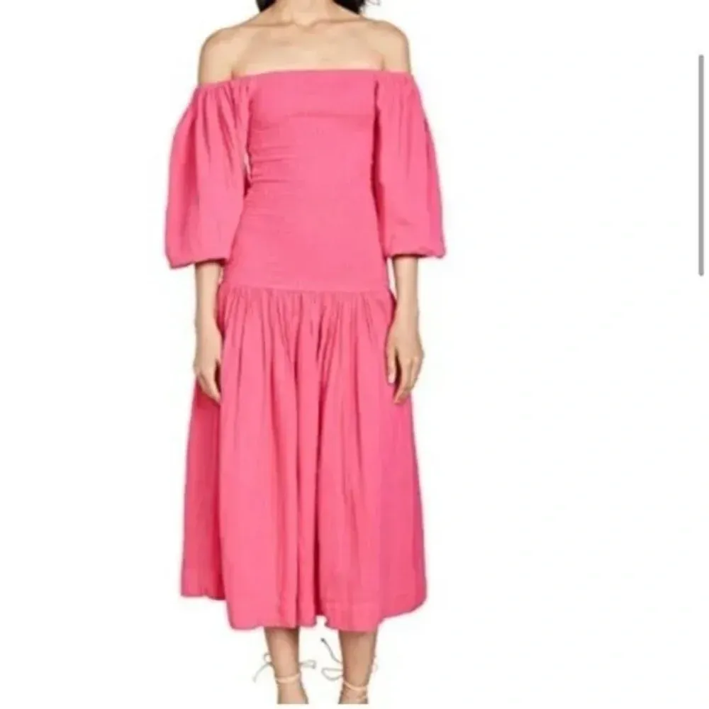 RHODE Harper Smocked Off Shoulder Puff Sleeve Hot Pink‎ Midi Dress Gauze Cotton Pink - Image 3