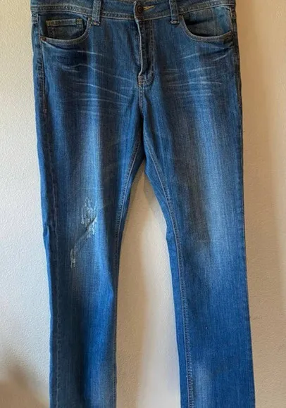 Distressed Denim Jeans Embellished Pockets Dark Wash Blue Size 12 Blue - Image 1