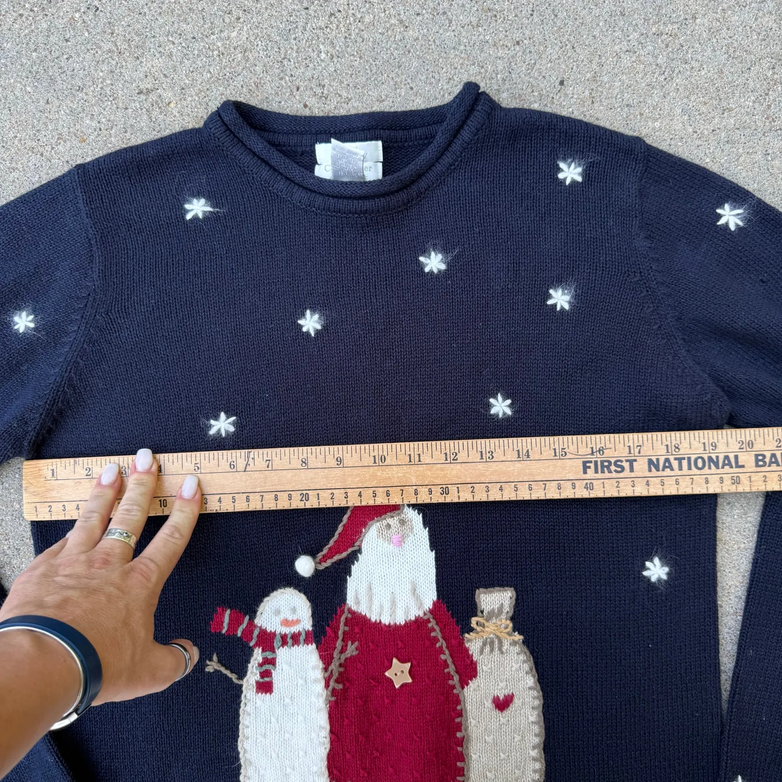 Vintage Y2K 2002 Christopher and Banks Folk Art Santa Snowman Applique Sweater S Blue - Image 6