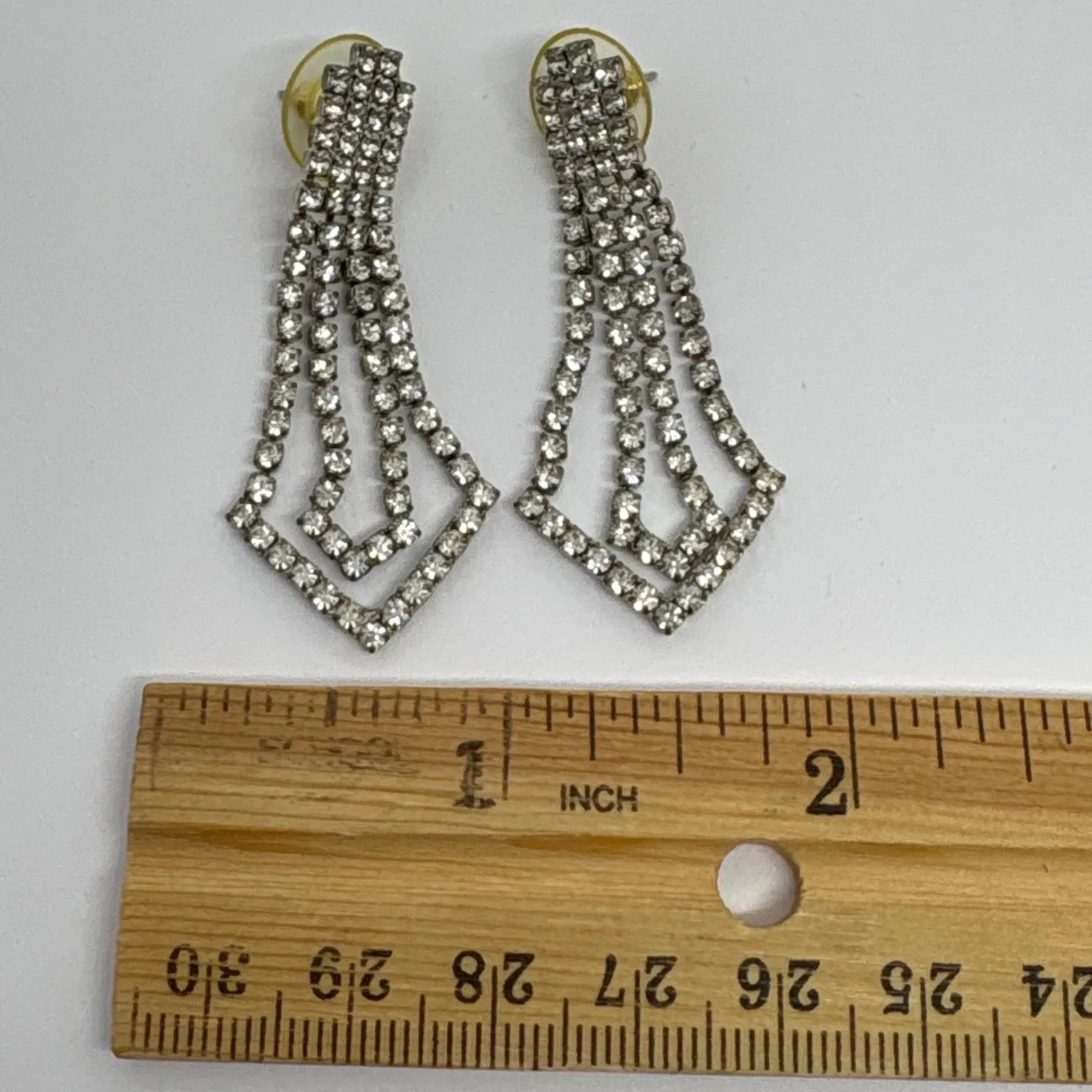 1980s Rhinestone‎ Dangle Earrings Silver Tone Diamond Shape Statement Jewelry - Image 3