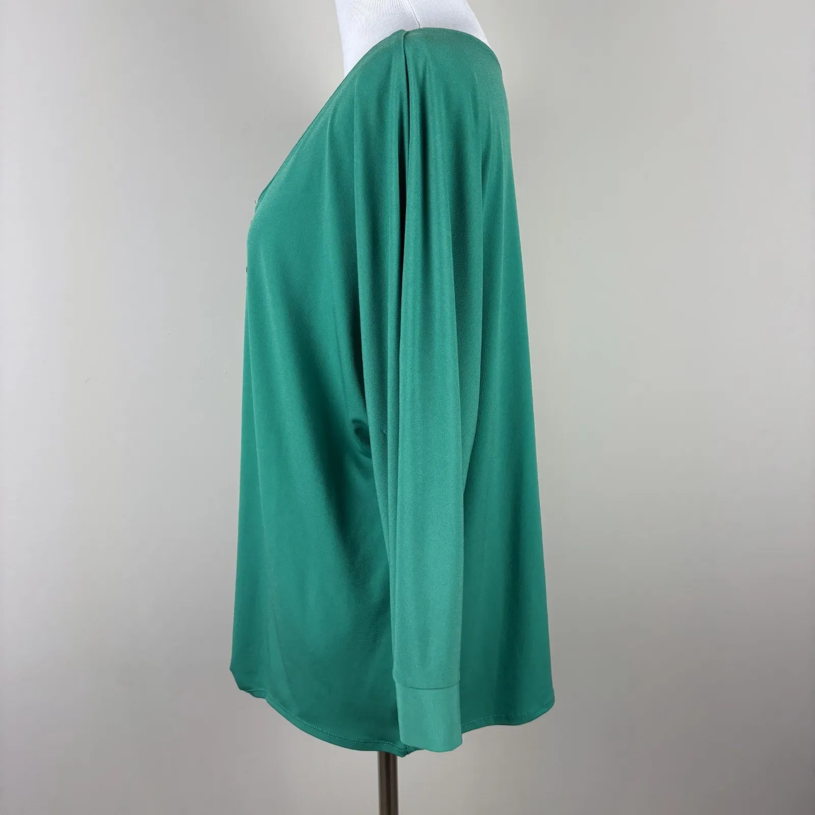 NY Collection Top XL Green Stretch Knit Button Up Dolman 3/4 Sleeve Tie Front - Image 8