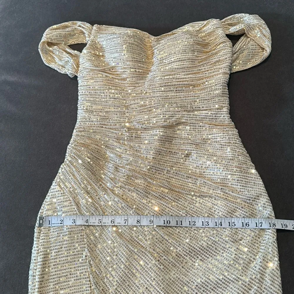 Women’s Gold Sequined Off the Shoulder Prom Party Dress Leg Slit Zip Back Size 2 - Image 10