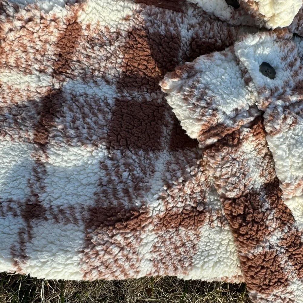 32 Degrees Ladies' Cozy Sherpa Shirt Jacket Plaid Brown Cream - Image 5