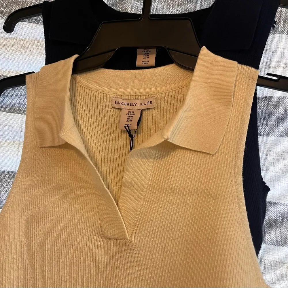 Sincerely Jules Cream And Navy Ribbed Tank Top Set Size Medium - Image 3