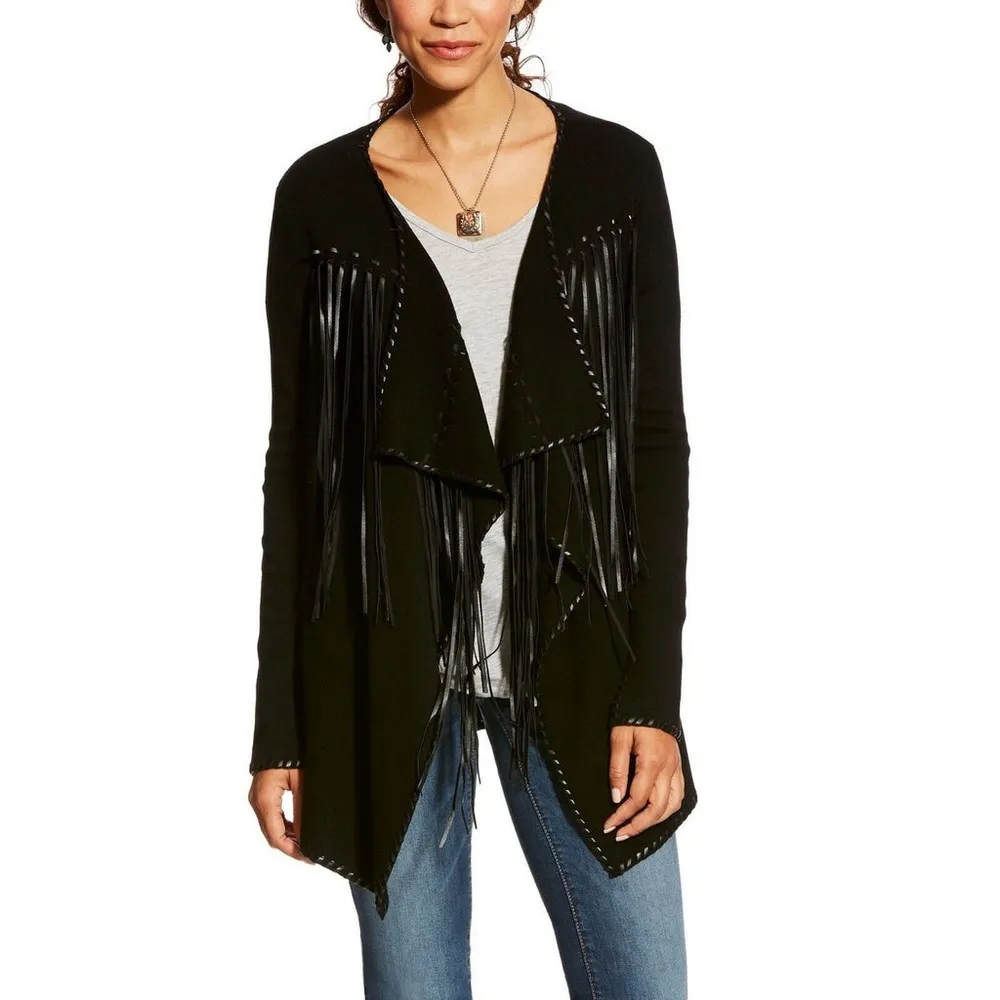 Ariat Trenton Black Knit & Faux Leather Fringe Waterfall Open Front Cardigan - Image 3